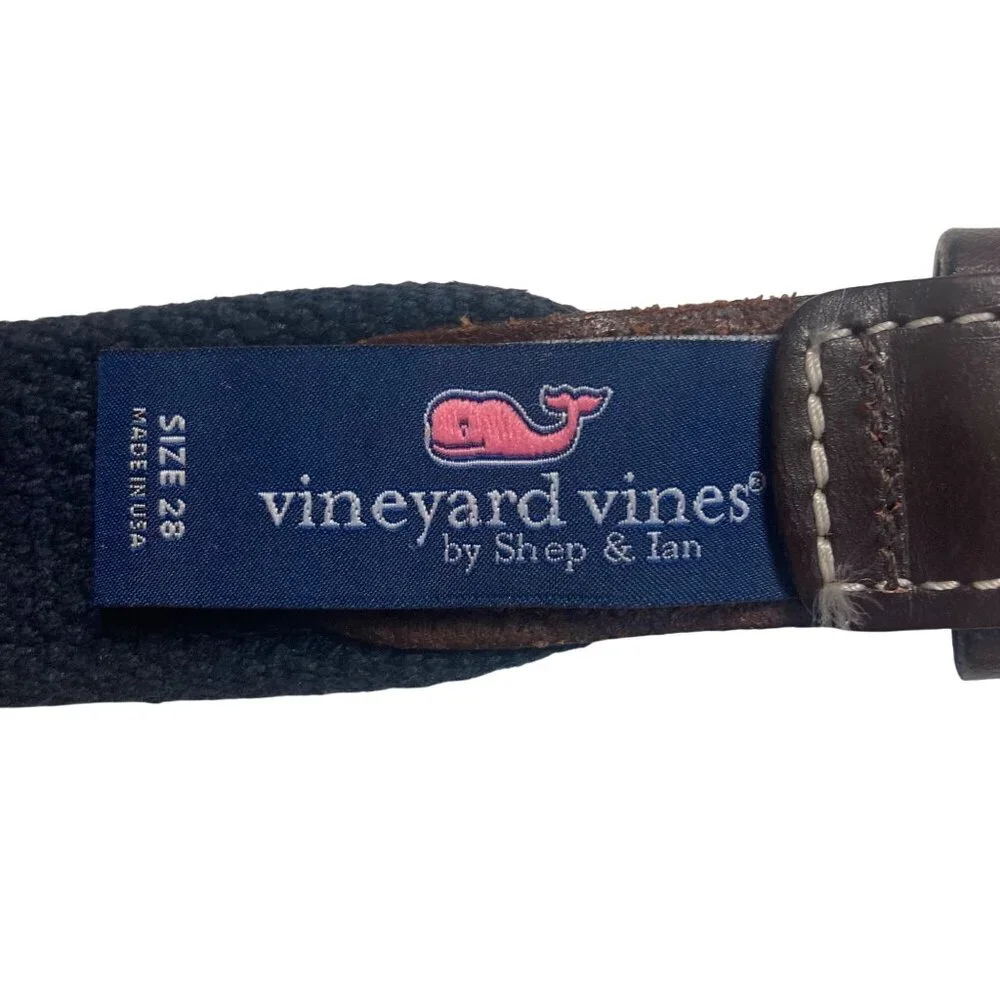 Vineyard Vines Mens Lacrosse Belt 28 Blue Brown Leather Nylon Brass Buckle